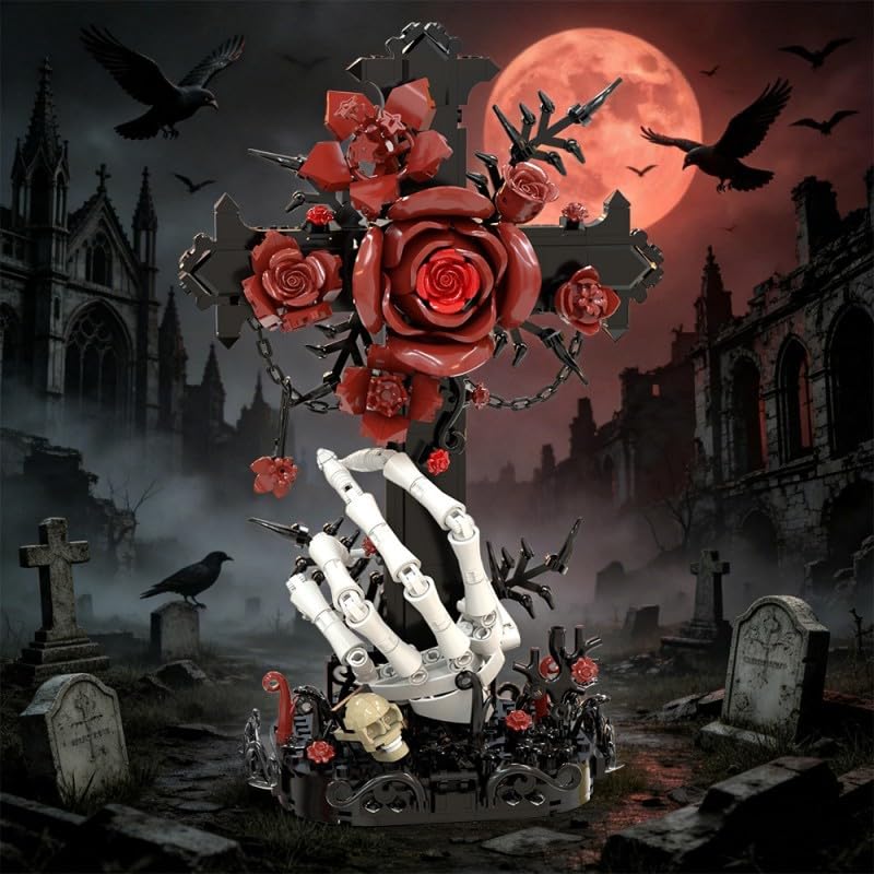 Gothisches Kreuz & Rot Rosen-Bauset, Skelett-Hand mit Schädel Sammlermodell, Dunkle Fantasy-Deko für Erwachsene Bauklötze-Set, Halloween-Romantische Geschenke, Spuk-Themen-Spielzeug-Display