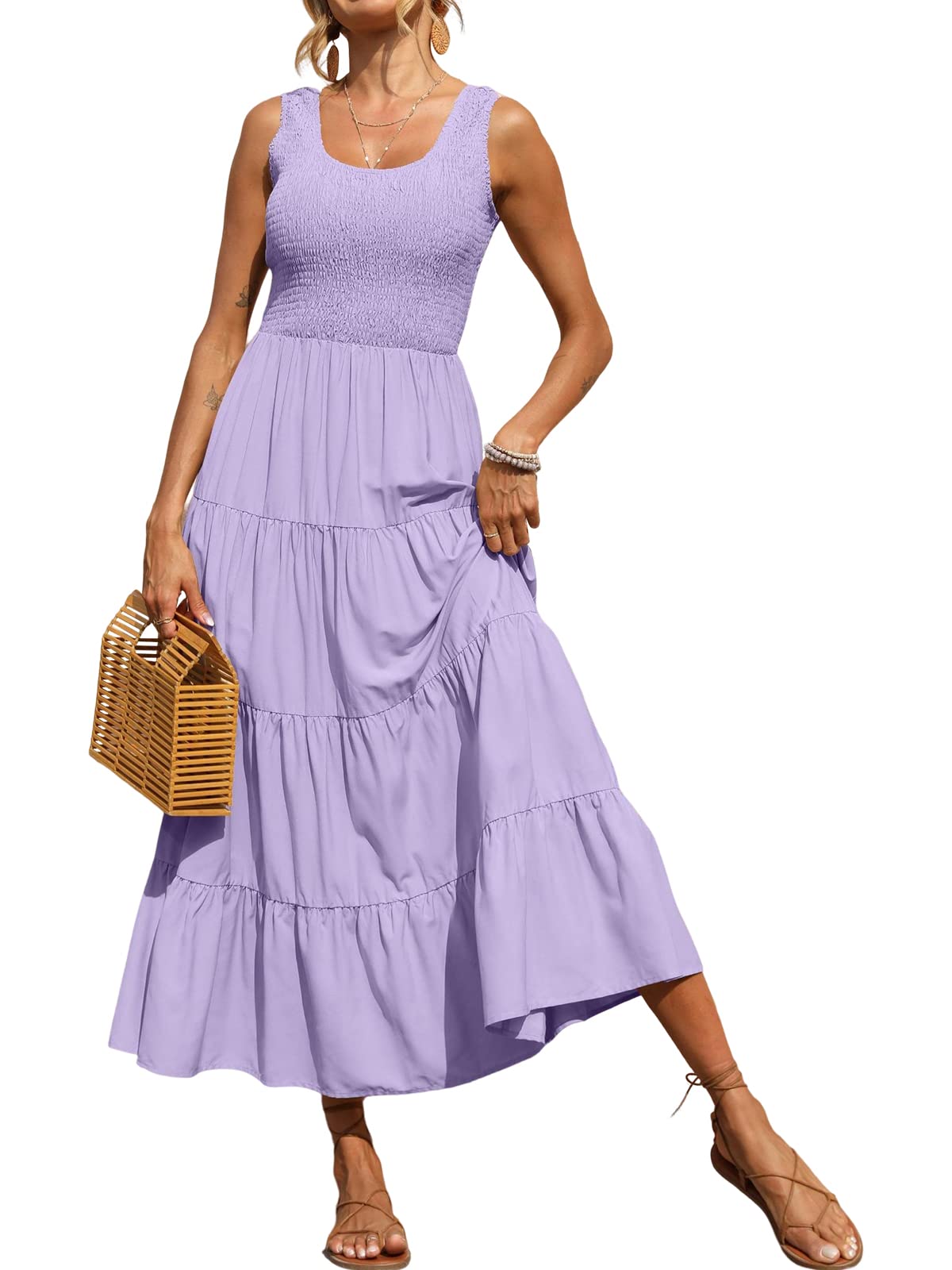 PRETTYGARDENWomen's 2025 Casual Loose Plain Maxi Sundress Smocked Tank Dress Sleeveless Summer Beach Tiered Long Dresses