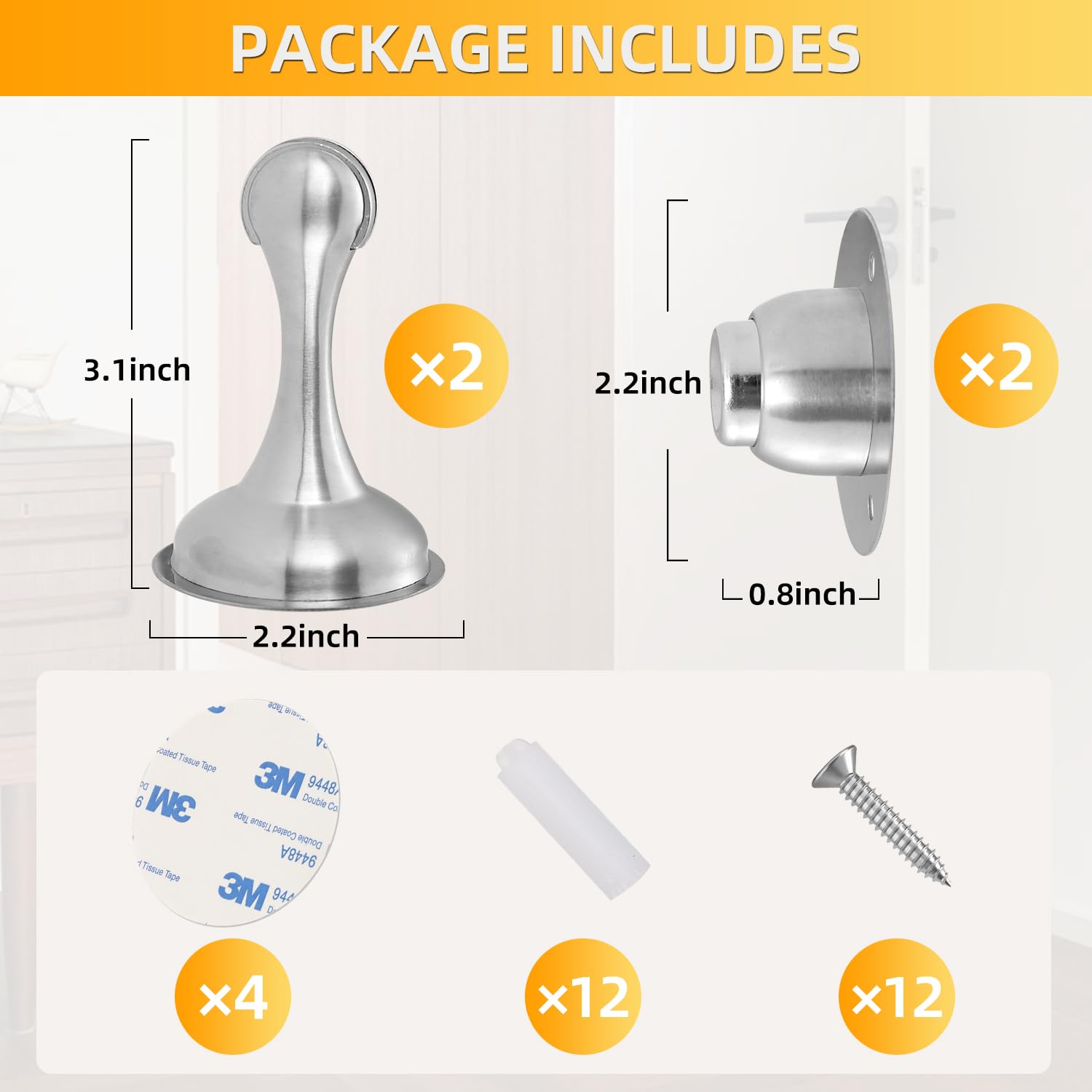 ?YDAJIURI 2Pack Magnetic Door Stop No Drilling Door Stop with 3D Adhesive Tapes Keep Door Open Door Stainless Steel Screws for Stronger Mount?Silver?