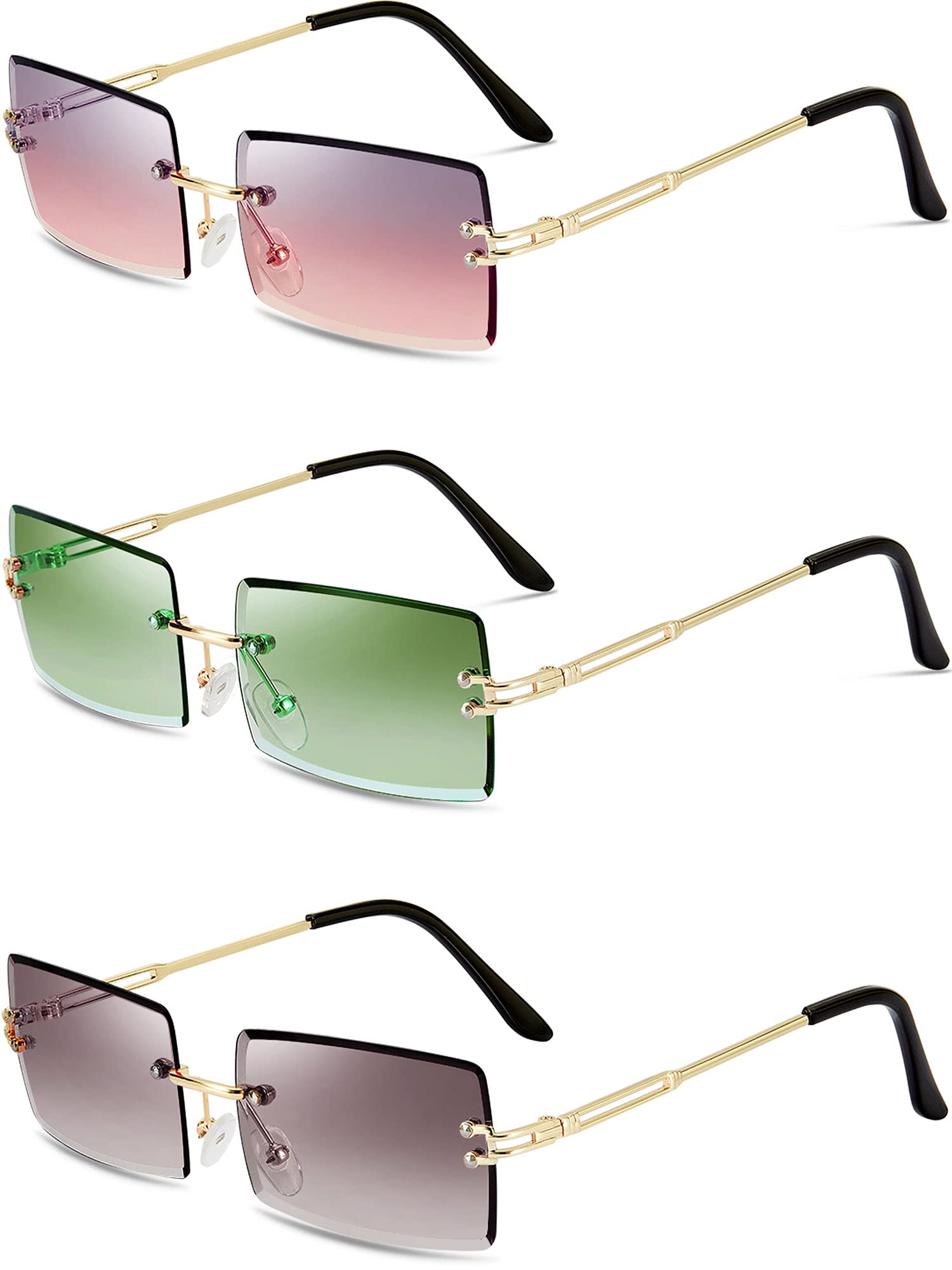 Weewooday3 Pairs Rimless Rectangle Sunglasses Tinted Frameless Eyewear Vintage Transparent Rectangle Y2K Glasses