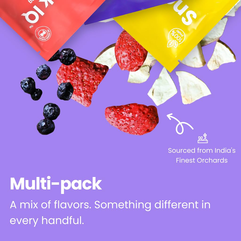 Snack IQ Freeze Dried Fruit Snacks Mixed 12 Pack - Freeze Dried Blueberries, Mango, Bananas, Apples slices, Peaches, Strawberries, & Pears - 10 Gram Individual Packs
