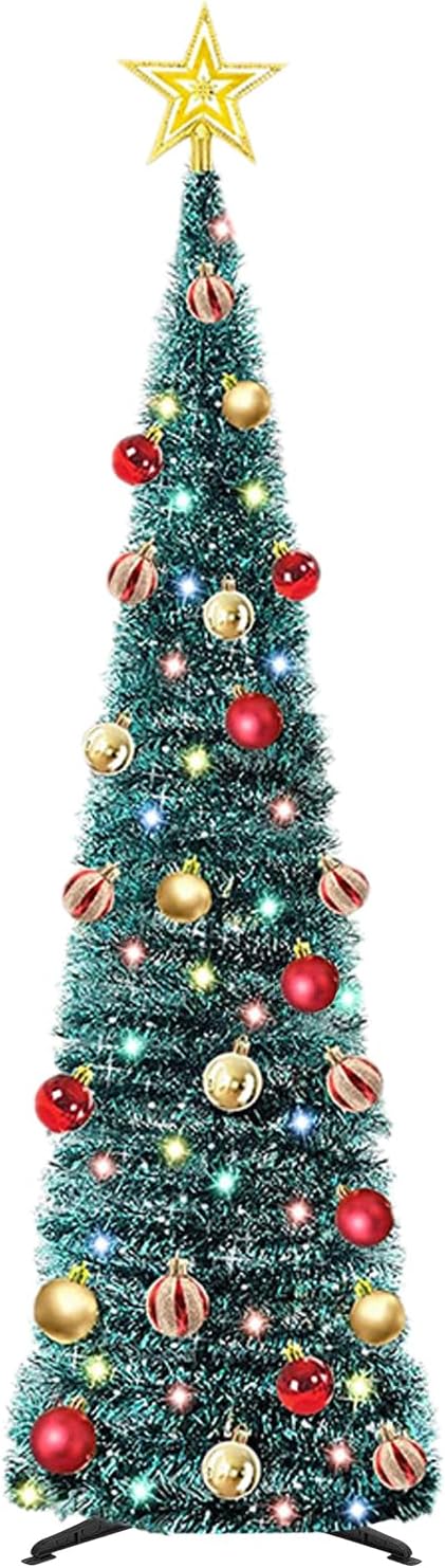 5 FT Collapsible Artificial Christmas Tree, Pop Up Tree with Color Lights, Tinsel Christmas Tree with Tree Star and Baubles for Xmas Holiday Home Decoration (Blue)