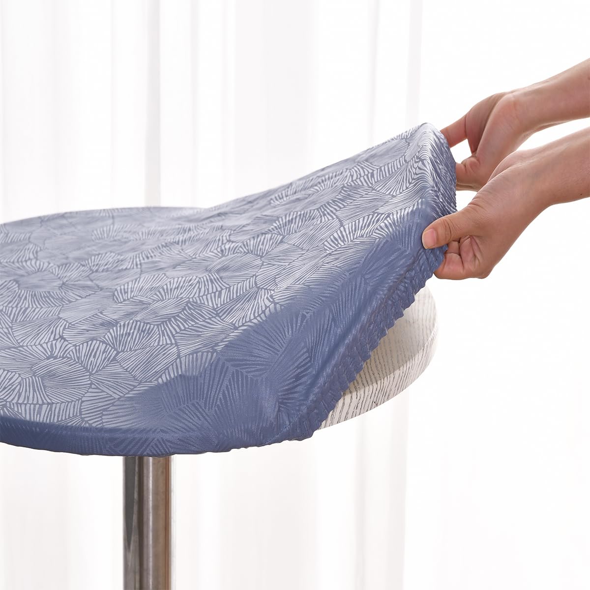 Morbuy Rund Tischdecke Wachstuch Elastisch, Gartentischdecke Wasserdicht Schmutzabweisend Abwischbar Nordisch Blatt Tischtuch für Dekoration Küchentisch Kaffee Restaurant Garten (160cm,Blau)