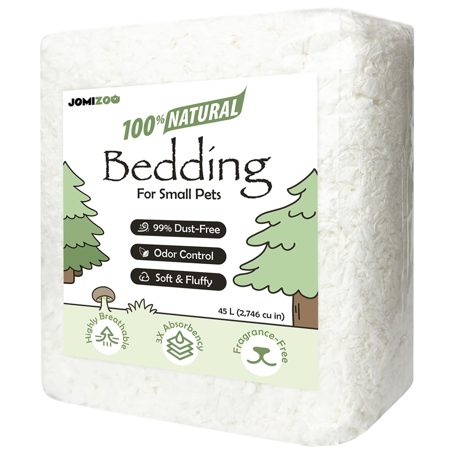 JOMIZOO Natural Paper Bedding for Small Pets, 99% Dust-Free, Soft, Fluffy and Absorbent, for Hamsters, Gerbils, Mice, Rats and Guinea Pigs, Cloud White, 45L