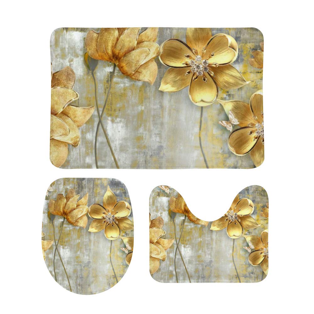 Tapis de bain en forme de U motif fleurs dorées Ruchen luxe