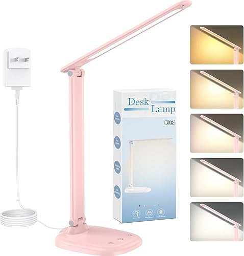 Lámpara de escritorio con cargador, lámpara de estudio ajustable sin escalones del 10% al 100% y 5 modos de color, control táctil, temporizador de