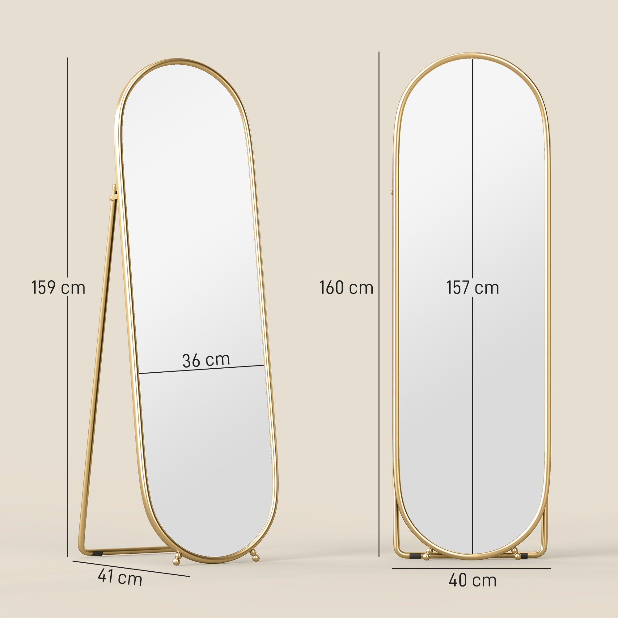 HOMCOM Grand Miroir sur Pied Ovale Cadre en métal doré 40 x 160 cm