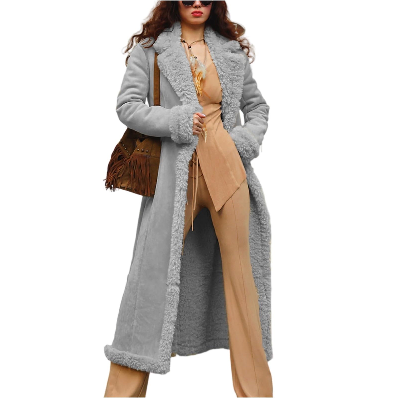 Damen Wintermantel Wildleder Teddyfleece Elegant Revers Open Front Wasserdicht Winddicht Langer Warm Winter
