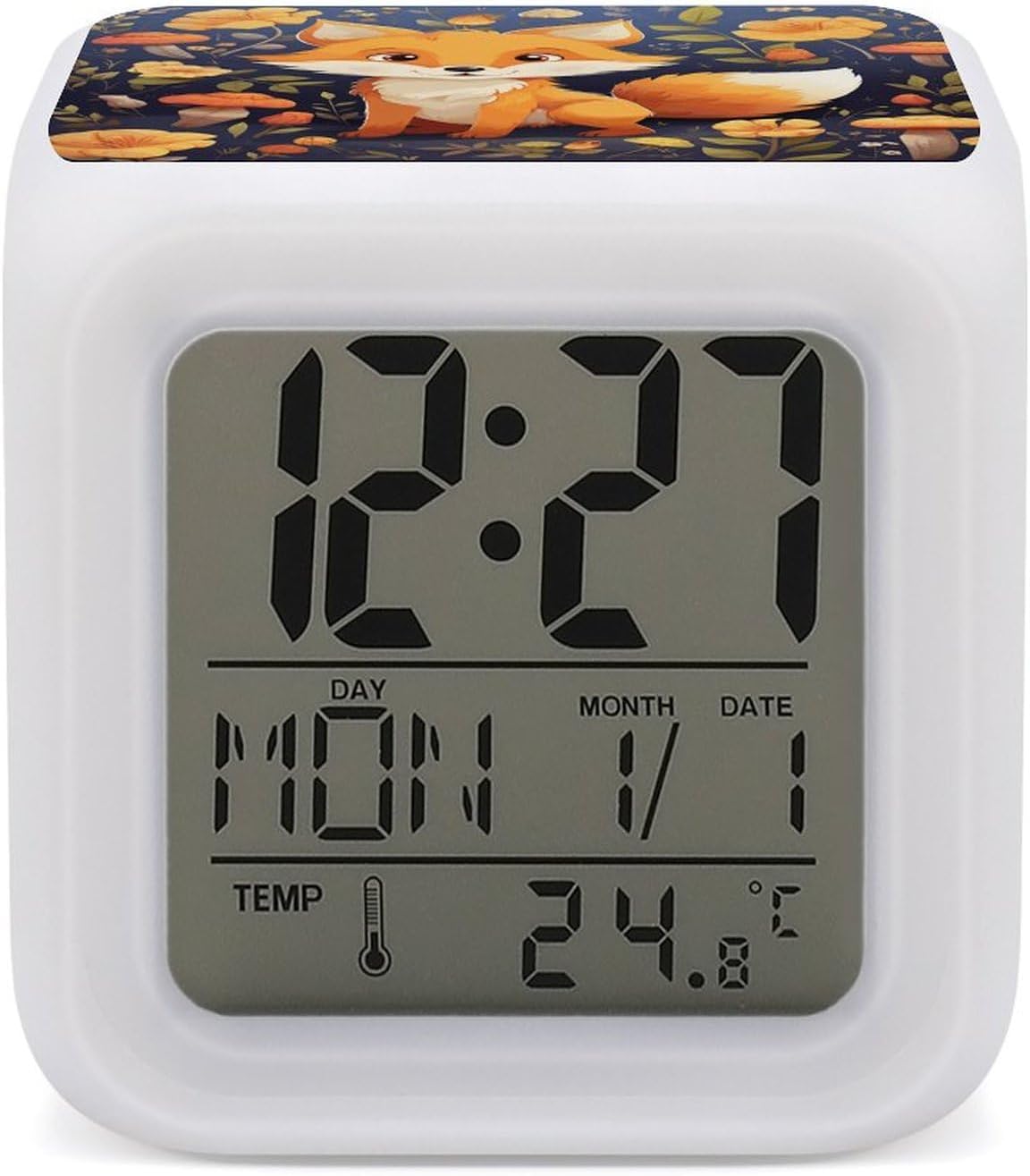 Cute Animal Fox Flower Alarm Clock Led Display Alarm for Bedroom Smart Digital Alarms with 7 Color NightLight Small Night Light Clock for Heavy Sleepers Simple Operation