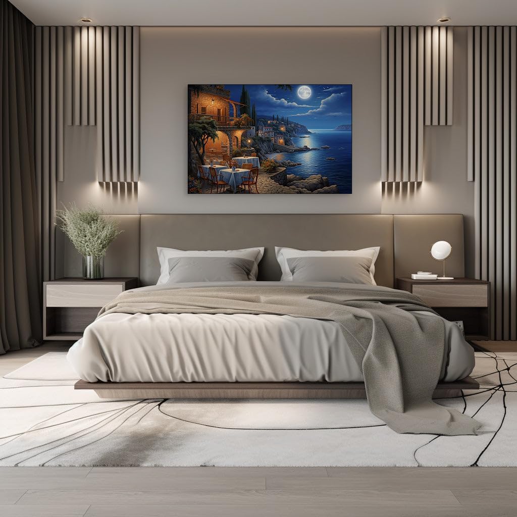 Canvas for Living room. Moonlit Serenity: Awaiting Guests at the Seaside Haven, 27 x 18 inch Canvas Wall Art - Contemporary Masterpieces - Modern Home Decor