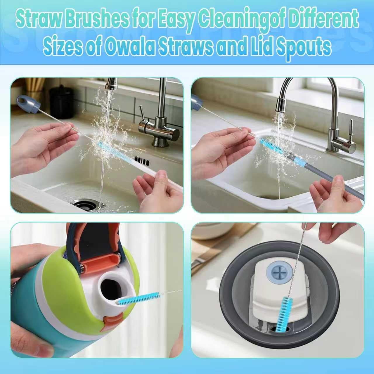 BOSORIO 2-in-1 Bottle Brush with Straw Brush for Owala Water Bottle, 15in Long Handle Stainless Steel Bottle Brush and Straw Cleaner Brush, Multifunctional Detail Brush for Coffee Mug Lid