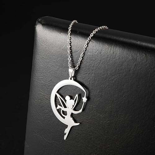 Eueavan Moon Wendy Princess Tinker Bell Pendant Necklace Dainty Fairy Pixie Angel Holding Magic Wand Choker Magic Trendy Dancer Ballet Jewelry Fairy Tale Story Quote Girl Woman Teens (Silver) #TOP4