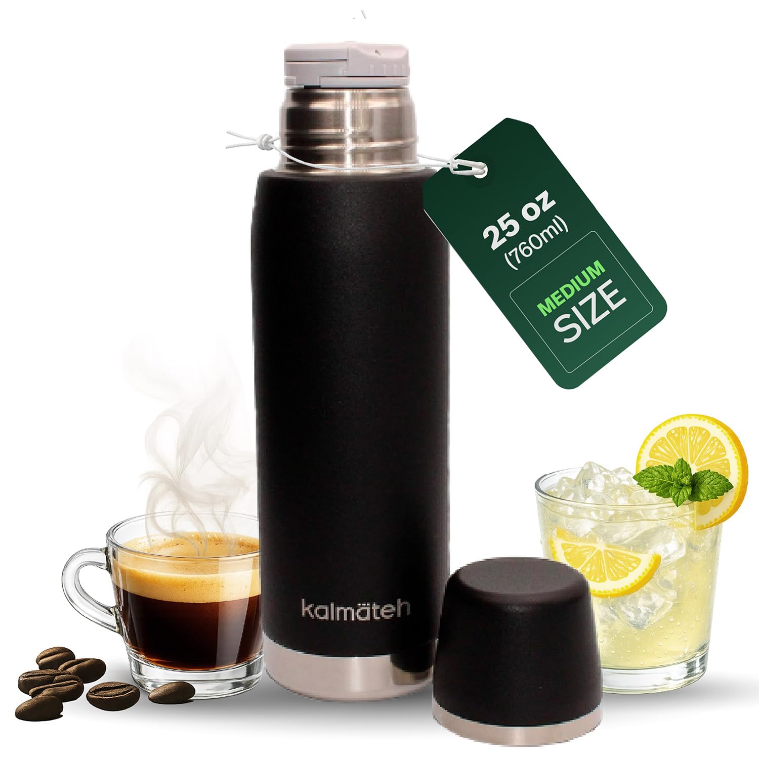 Kalmateh [NOWOŚĆ] Termos ze stali nierdzewnej z podwójnymi ściankami (760 ml) precyzyjne odlewanie i zatrzymywanie ciepła - do Yerba Mate, kawy, herbaty, kempingu (czarny)