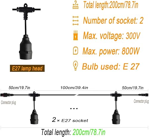 Miniatura 3 de Cadena de luces LED para exteriores, cable de luz colgante con 2 enchufes colgantes, cadena de luz de patio, impermeable, reutilizable, kit de luces