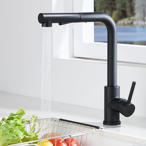 Robinet Cuisine Noir, Mitigeur Cuisine avec Douchette Extractible 2 Modes de Réglage, Robinetterie Evier Escamotable Pivotant à 360° en Acier Inoxydable 304, Froid & Chaud Disponible - 1