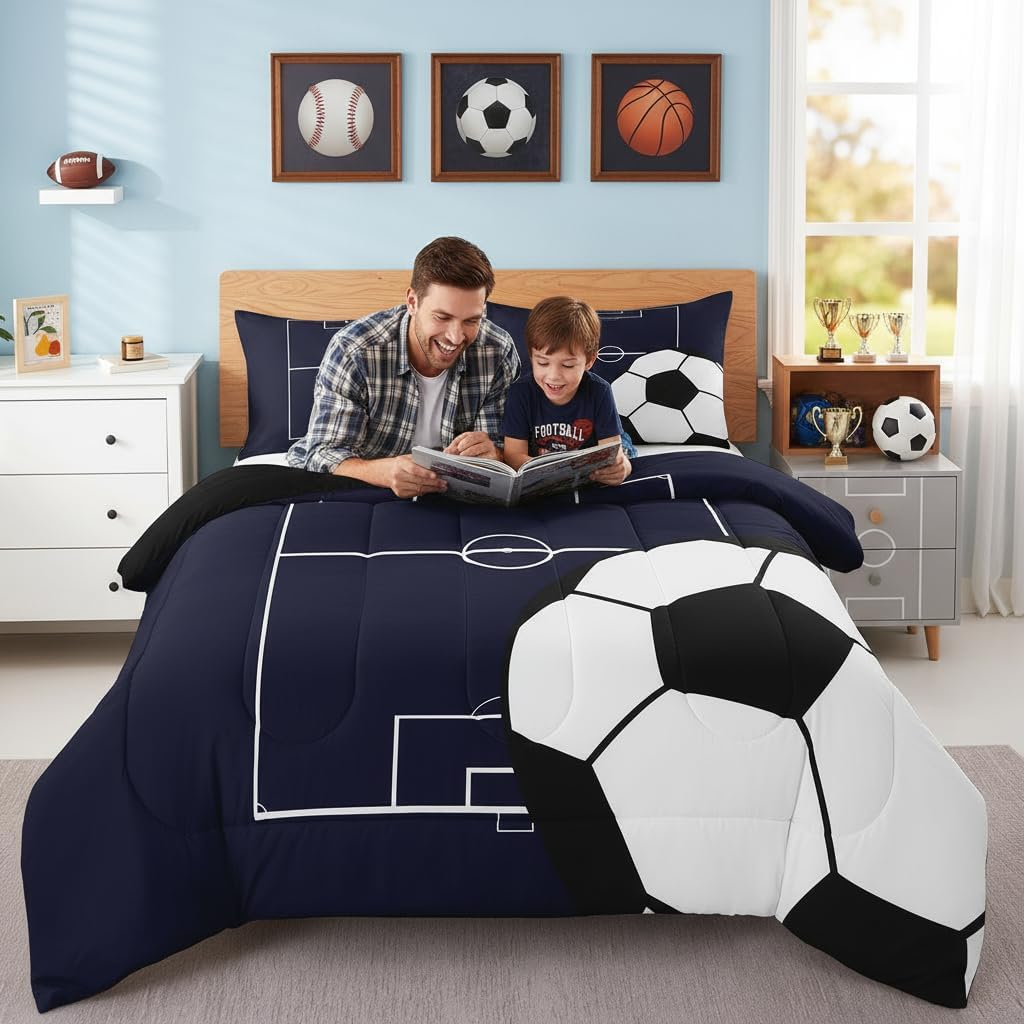 Erosebridal Football Comforter Set Queen Size Kids Soccer Bedding Set for Boys Girls Teens,Sports Theme Bed Comforter Sets Dark Blue Ball Gaming Quilt Bed Set Football Room Decor with 2 Pillowcases