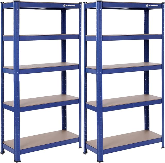 SONGMICS 5-Tier Shelving Unit, Steel Shelving Unit for Storage, Tool-Free Assembly, for Garage, Shed, Load Capacity 650 kg, 30 x 75 x 150 cm, Blue GLR30Q
