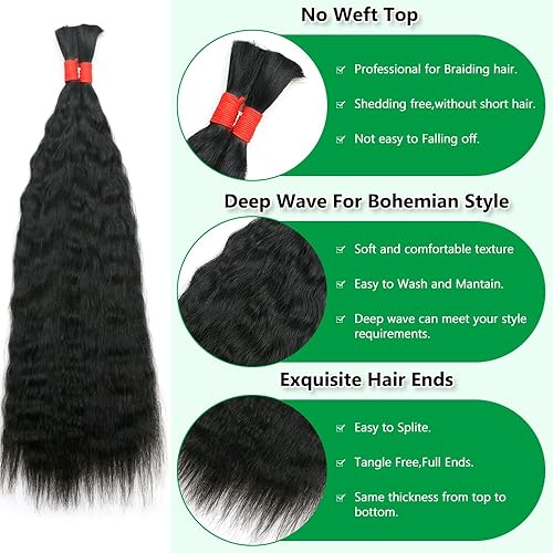 Miniatura 9 de Extensiones de cabello humano ondulado profundo, sin trama, para trenzar, cabello humano virgen sin procesar, para trenzar 24 pulgadas (3.53 oz 2