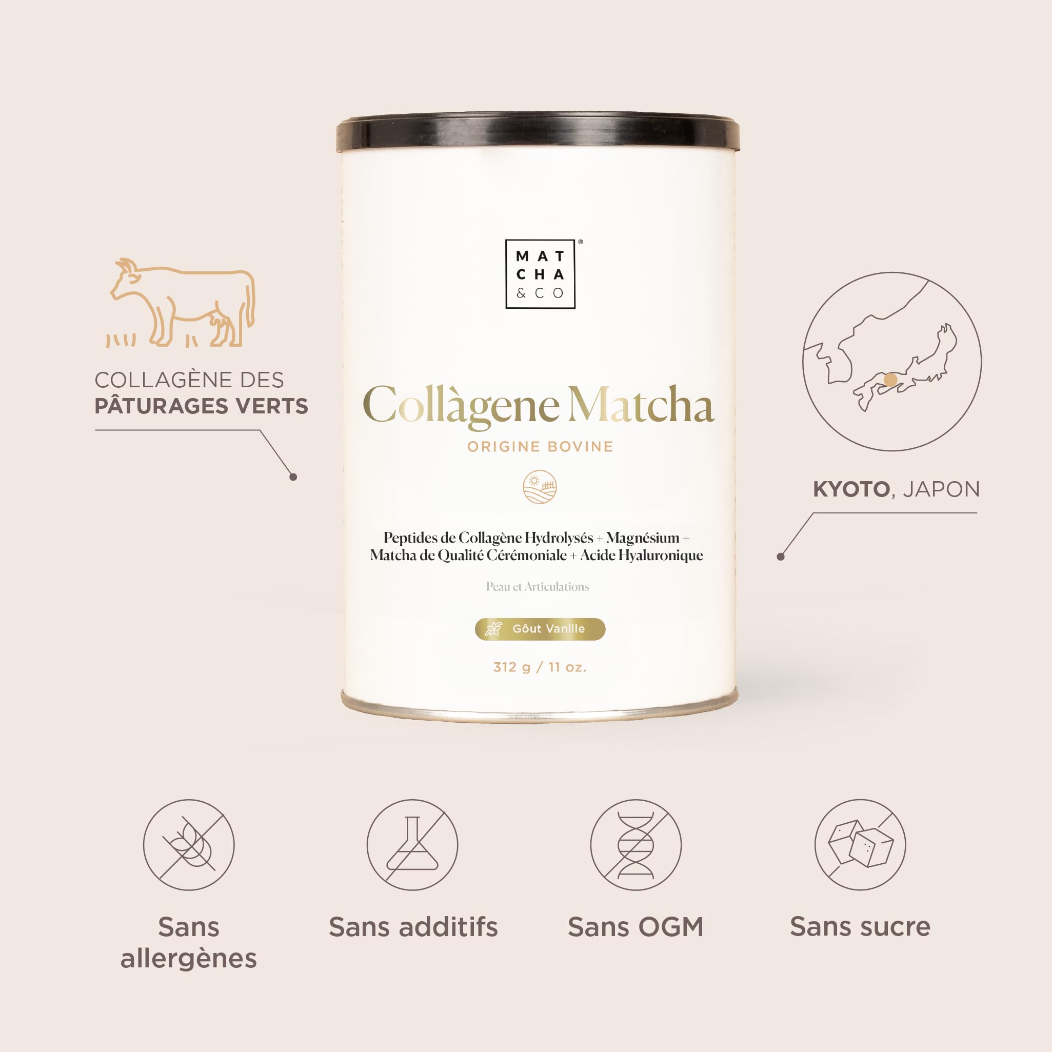 Collagène avec magnésium, thé Matcha et acide hyaluronique. Articulations, peau et ongles. 300 g de poudre de collagène matcha. Sans gluten, sans sucres ajoutés et sans OGM. Gardez votre corps sain