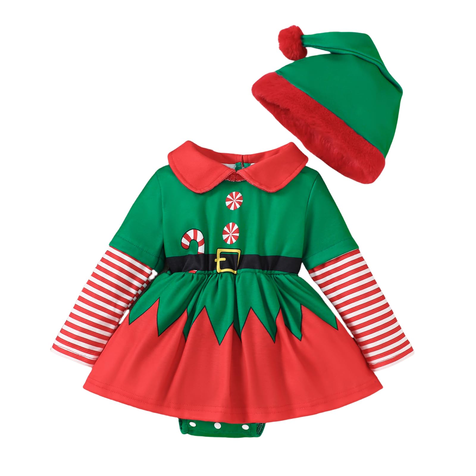 Kouoybt Infant Baby Girls First Christmas Outfit Elf Costume Dresses Long Sleeve Striped with Hat Set 2 Pcs Christmas Set (A-Green, 6-12 Months) โ image 1