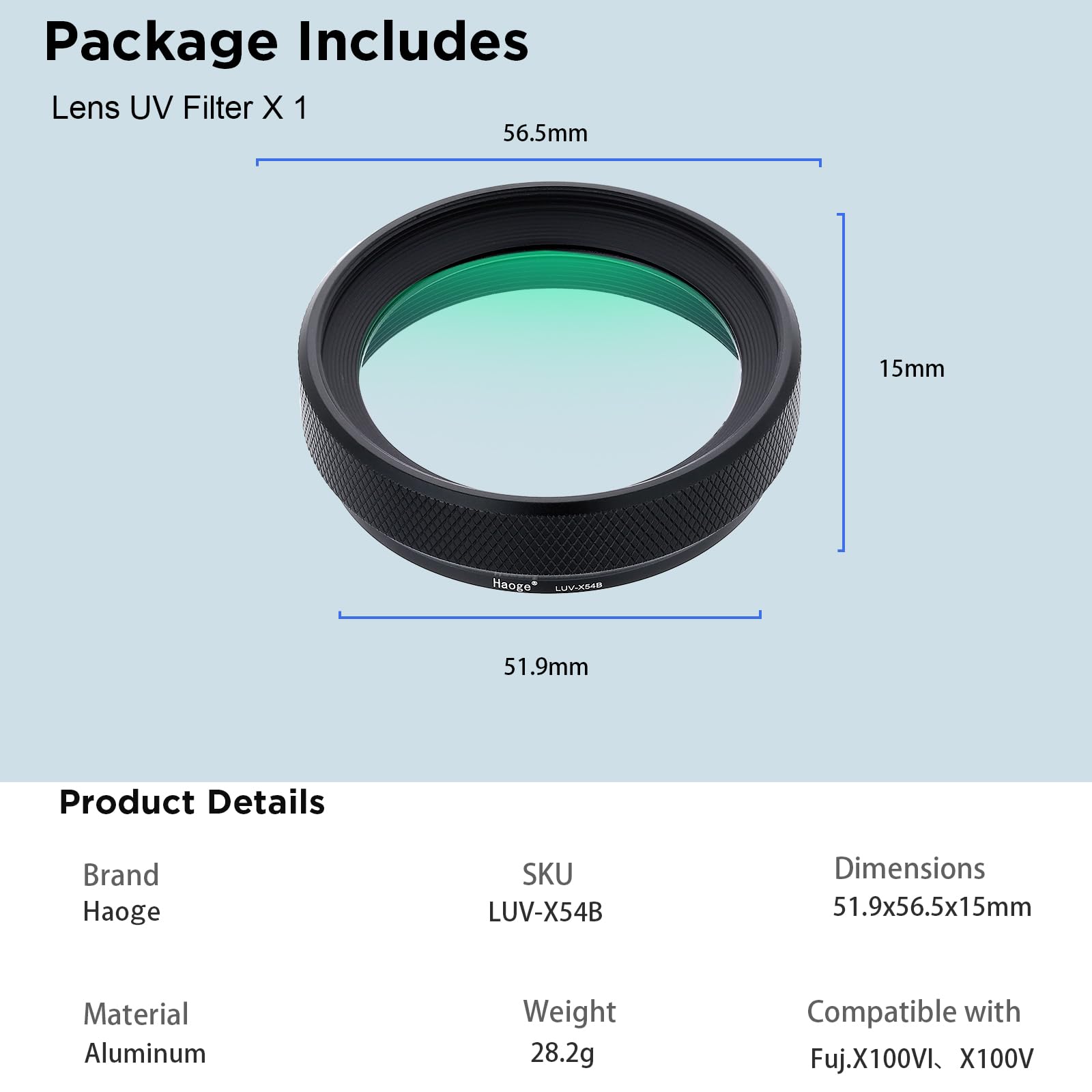 Haoge LUV-X54B Metall Gegenlichtblende Sonnenblende mit MC UV Filter Ultraviolett Schutzfilter für Fujifilm X100VI Fuji FinePix X100V Kamera Objektiv Schwarz