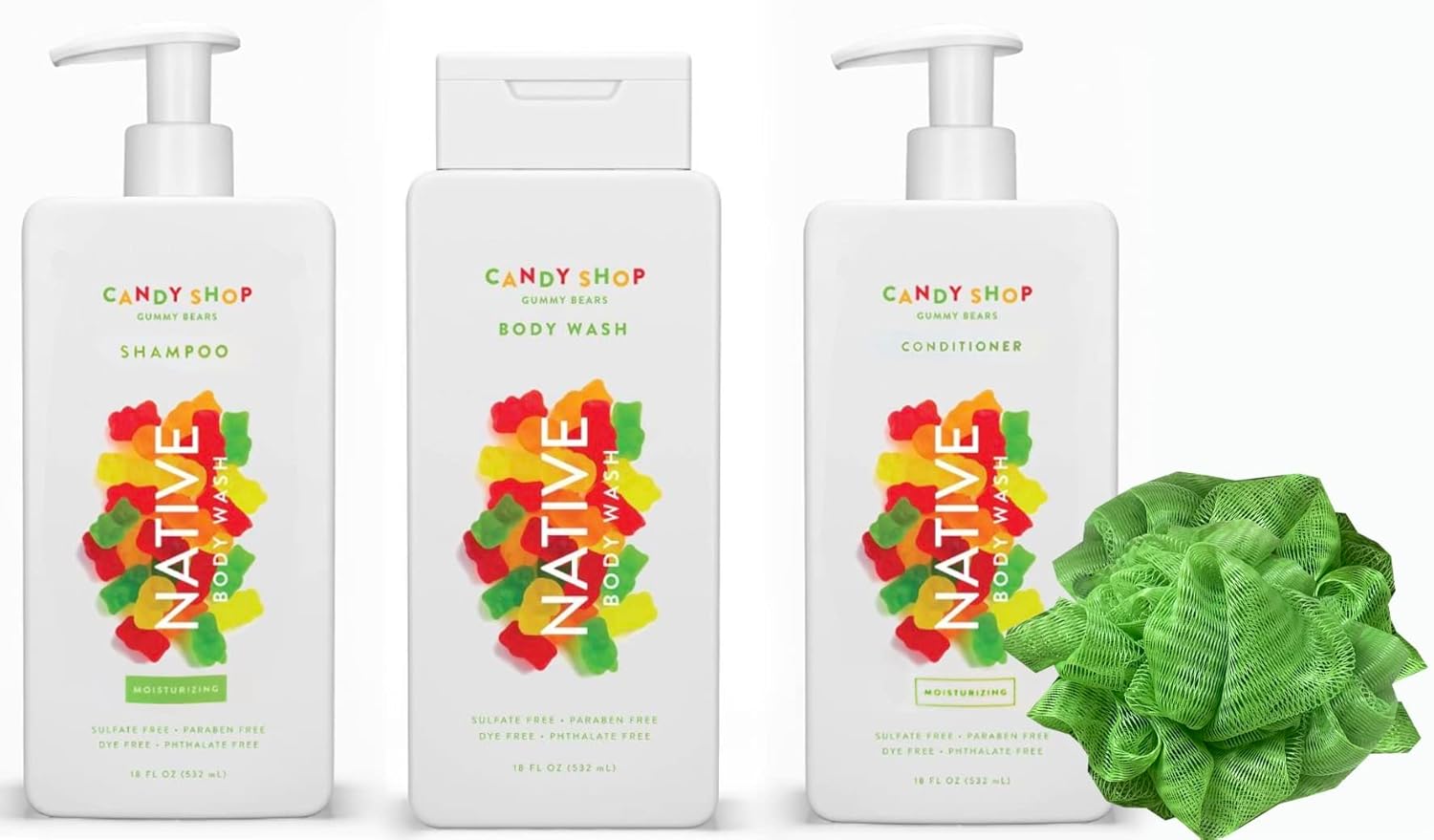 Native Shampoo, Conditioner & Body Wash with Loofah Set