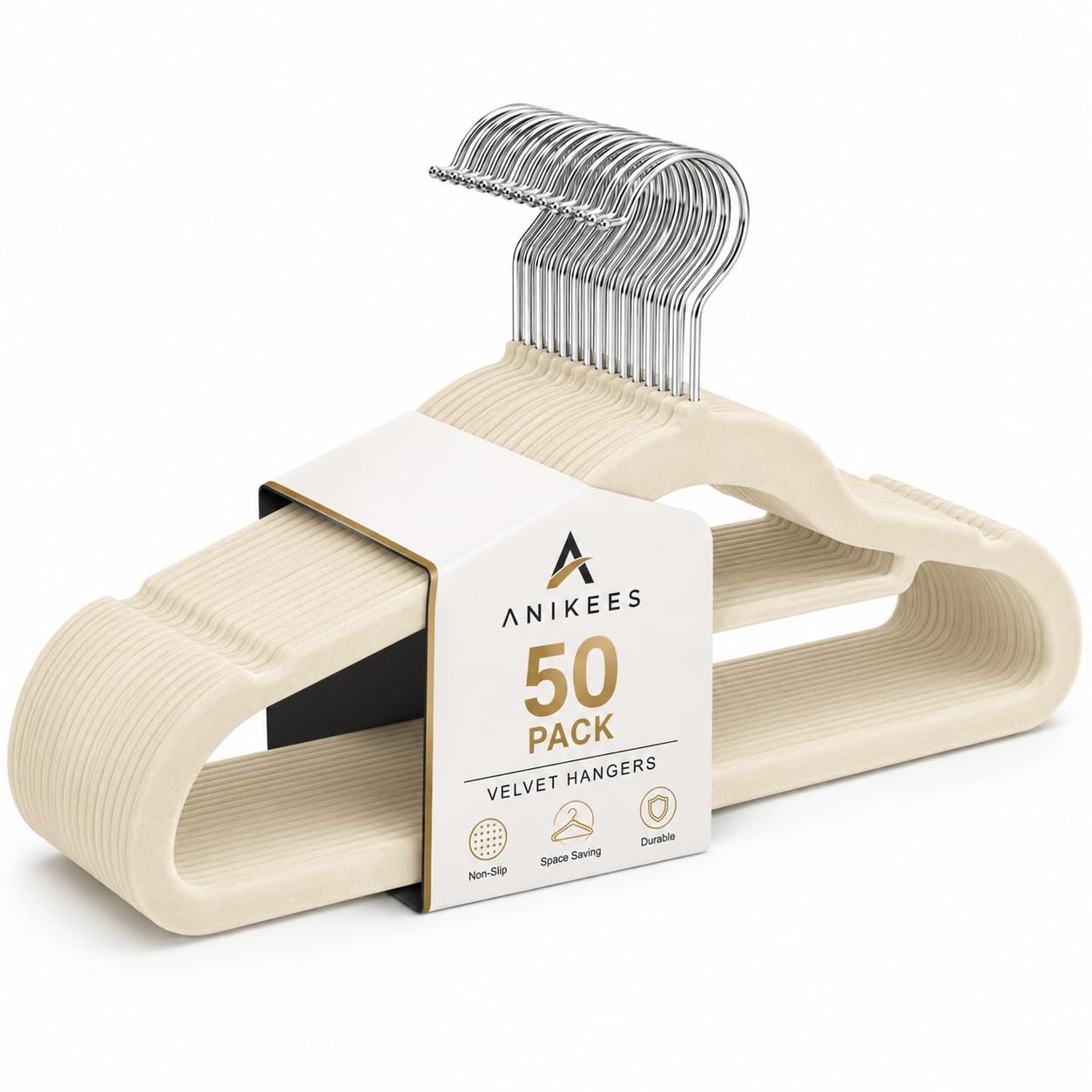 Anikees Velvet Hangers, 50 Pack, Ultra-Thin Non-Slip with Tie Bar, 360ยฐ Swivel Hook, Standard Shape, for Suits (cream 50)