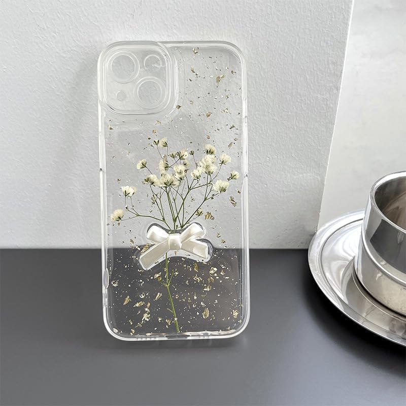 for iPhone 13 Pro Max - White Flower Bow Case - Full Star Real Flower Gold Foil Transparent Case - Soft TPU for Women and Girls 6.7 - Image 7