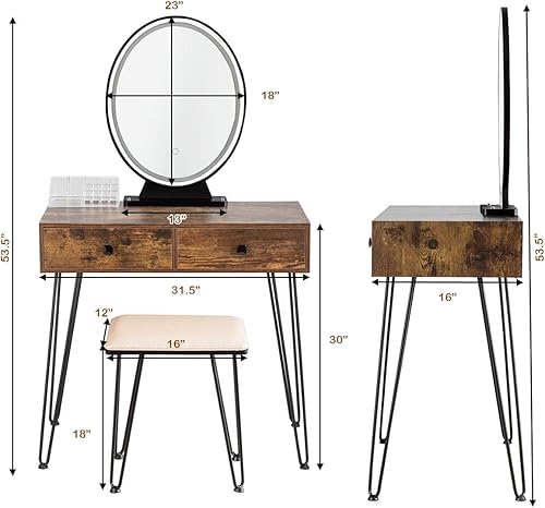 Miniatura 23 de CHARMAID Mesa de tocador de maquillaje con espejo iluminado, 3 juegos de iluminación, brillo ajustable, 2 cajones grandes, cajas de almacenamiento