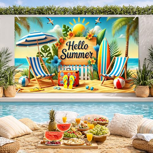 Image of BlissYard Hello Summer Banner 71 x 43 Inches Summer Party Decorations, Beach Theme Party Decorations Hawaiian Party Decorations, Aloha Banner for Luau Tiki Party Supplies, Beach Party Decorations