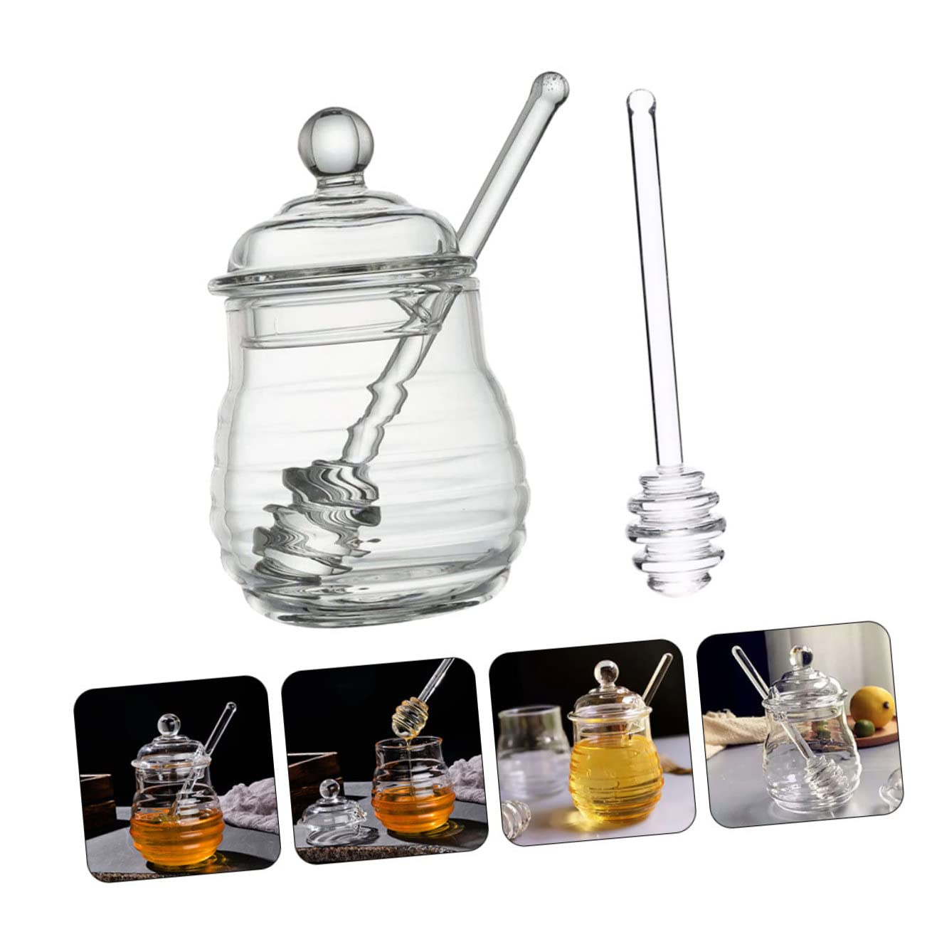 BRIGHTFUFU Storage Jar Glass Honey Pot with Mixing Stick Kitchen Storage Supplies
