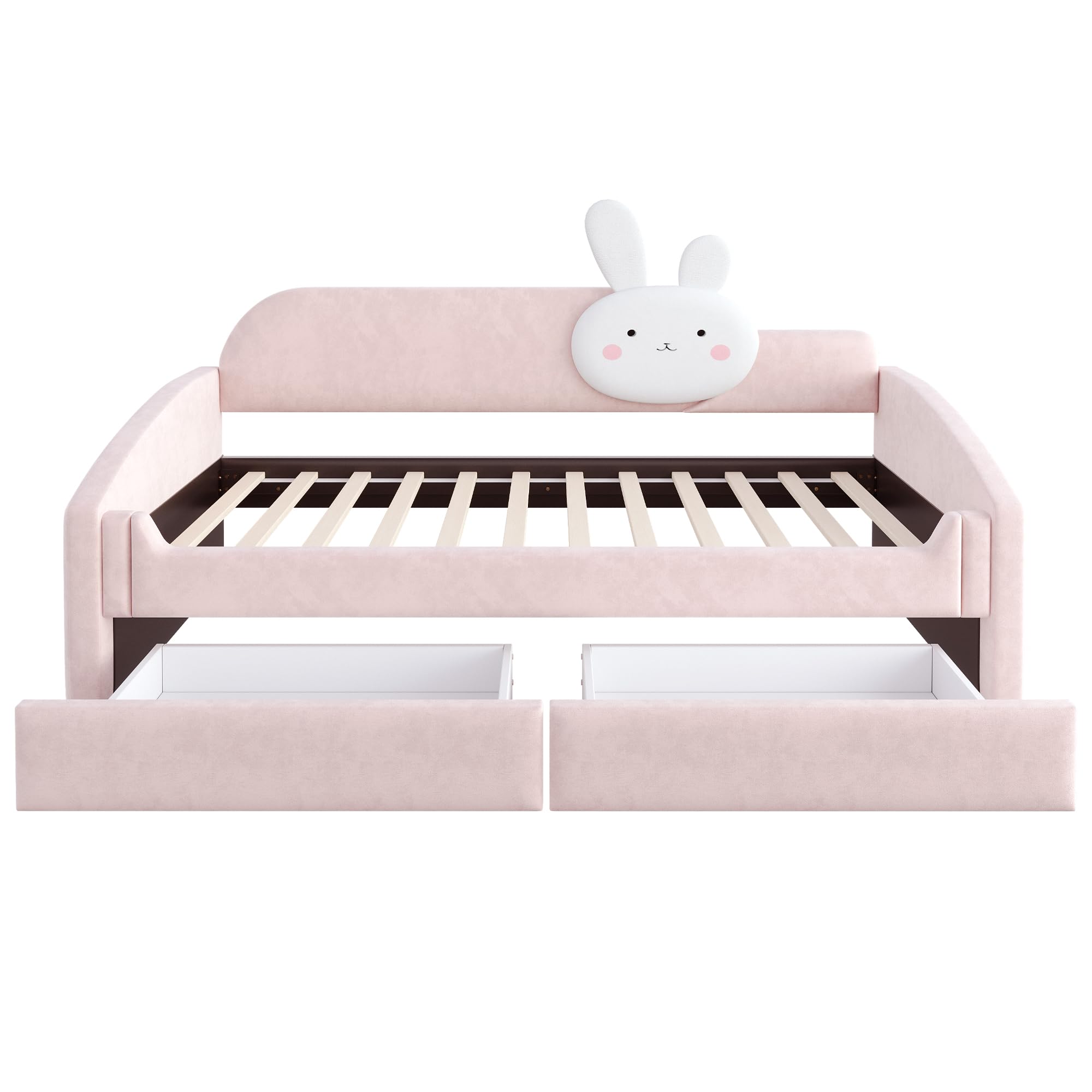 Sofá cama infantil de 90 x 200 cm con dos cajones debajo de la cama, respaldo con cojín para conejos, reposabrazos acolchados, cama para niños y niñas, tela de terciopelo, color rosa