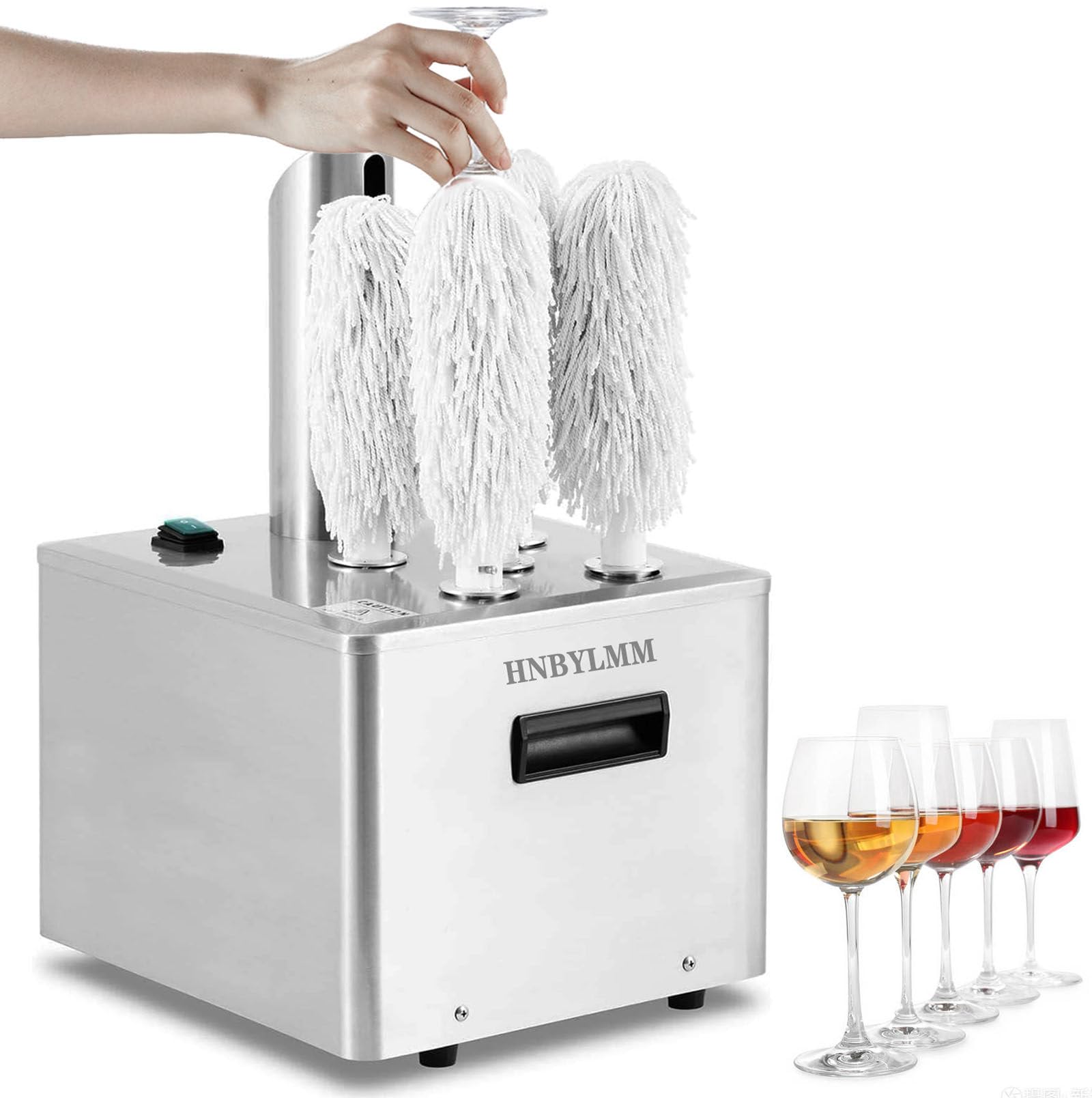 Polisseuse électrique commerciale pour verres à vin avec 5 brosses en coton, nettoyage à 360° pour restaurants et bars, haute efficacité 550 verres/heure