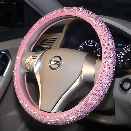 Miniatura 3 de Carwales Funda de volante rosa brillante para mujer, accesorios de automóvil deslumbrantes con diamantes de imitación brillantes