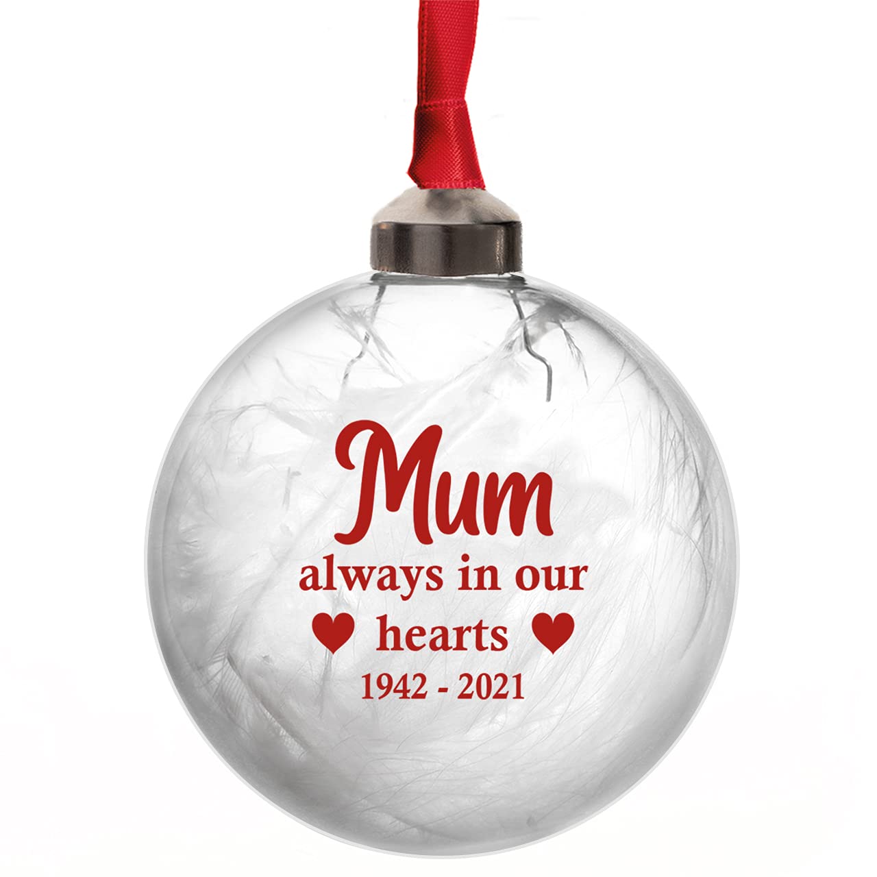 Always In Our Hearts Personalised Christmas Tree Memorial Decoration 8cm Glass Remembrance Bauble remember Any Name Mum Dad Nana Grandma Grandad Husband Wife In 11 Colours (Red)