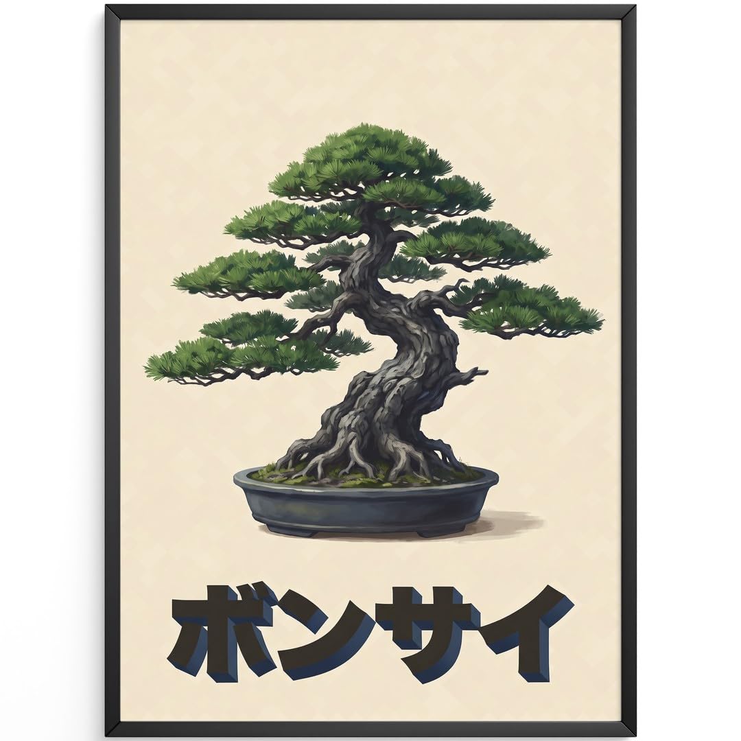 MJ-GRAPHICS® Poster Bonsai Kunstdruck asiatisch Wandbild Zen Garten Deko Wohnzimmer Wanddeko Vintage Stil grün beige Schlafzimmer Bilder Meditationsraum 50x70 mit beigem Rahmen