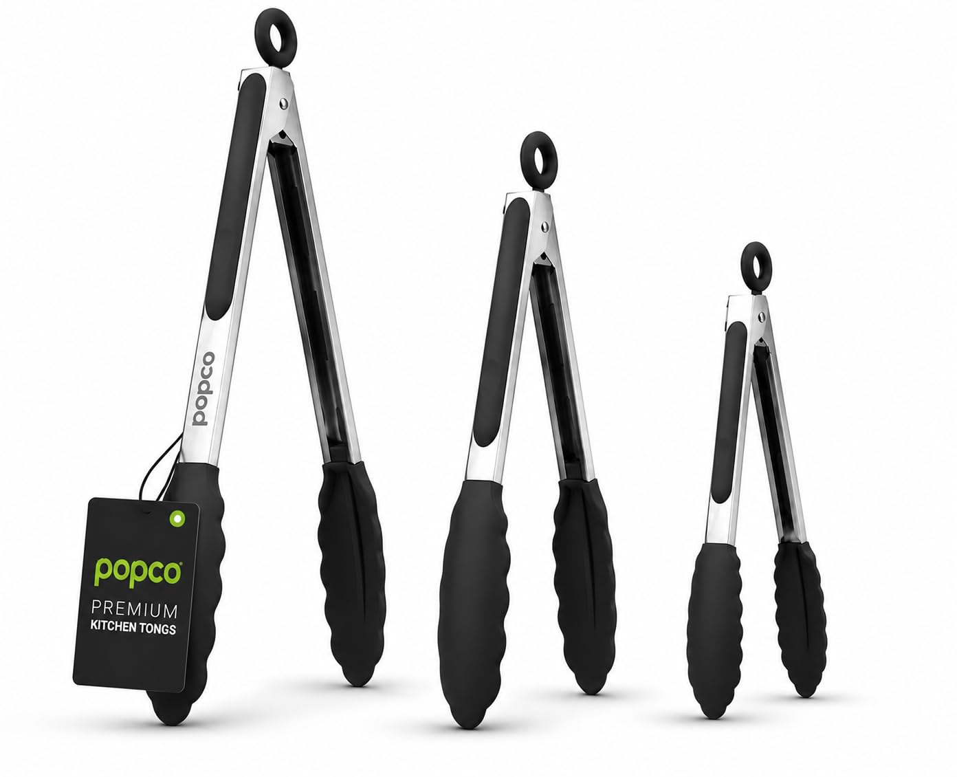 Pinzas Popco originales, juego de 3 pinzas de 18, 23 y 30 cm resistentes de acero inoxidable con puntas de silicona para barbacoa y cocina (también se pueden utilizar como pinzas de hielo y de azúcar)