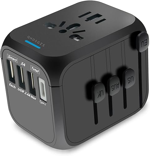 Adaptador de viaje internacional con 3 puertos USB-A, 1 puerto tipo C, compatibilidad mundial