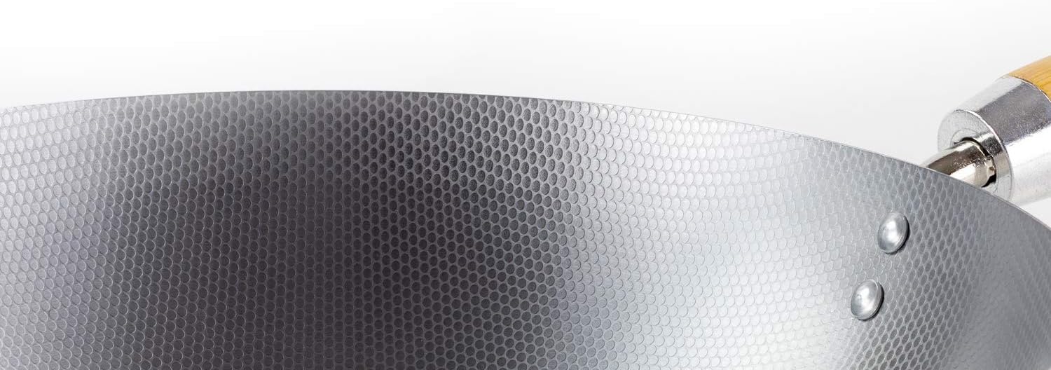 School of Wok 12" Skinny Wok | Flat Bottom | Carbon Steel | Bamboo Handle with Loop Hook | Dimple Surface to Spread Oil Thinly |12in/30cm