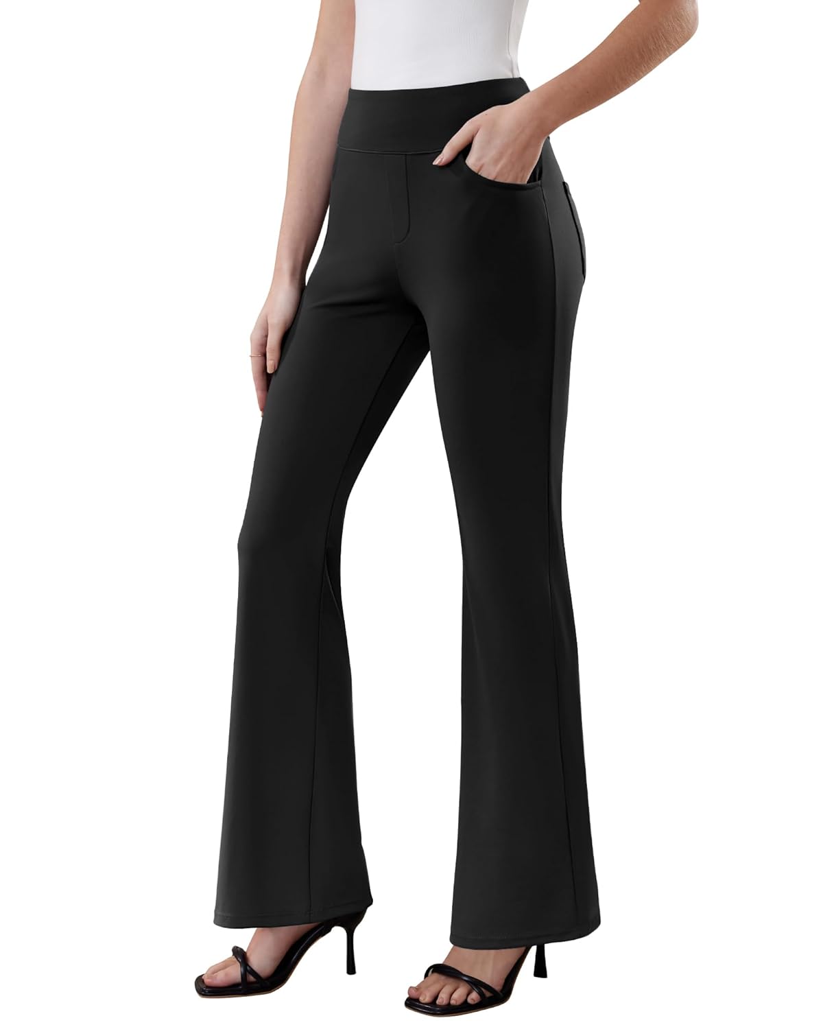 Womens Dress Pants Business Casual Work Pants Pull On Flare Trousers Stretchy Office Slacks with 4 Pockets