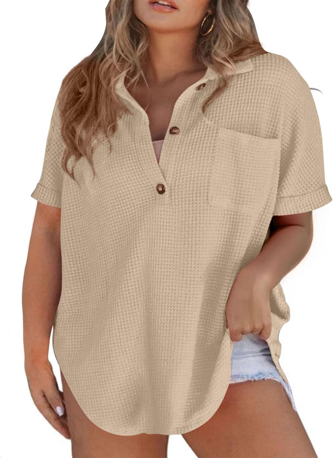 Eytino Plus Size Button Down Shirts for Women Casual Waffle Knit Tops Short Sleeve V Neck Dreesy Blouse Tunic(1X-5X)