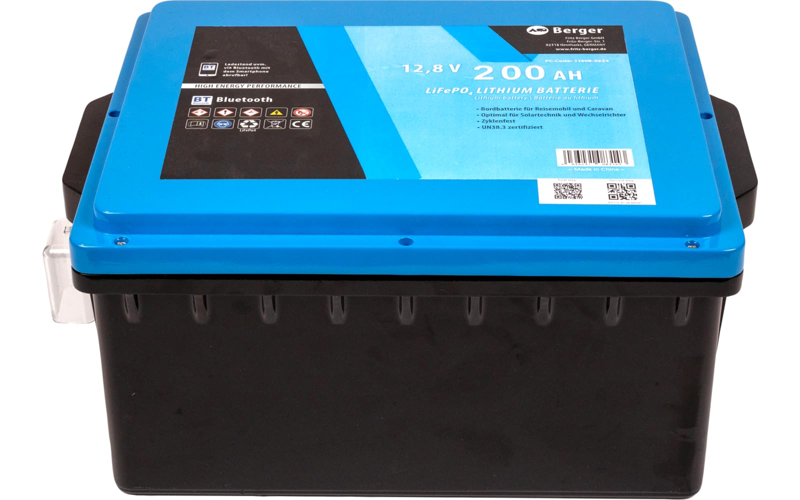 BERGER LiFePO4 Batterie au lithium 200 Ah 12 V avec Bluetooth et chauffage | Batterie au lithium idéale pour camping-car, caravane, camping-car et bateau | Alimentation autonome et performance fiable