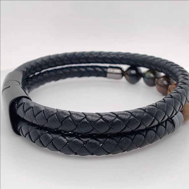 JEWELLBOX | Genuine Black Leather Beaded Bracelet for Men
