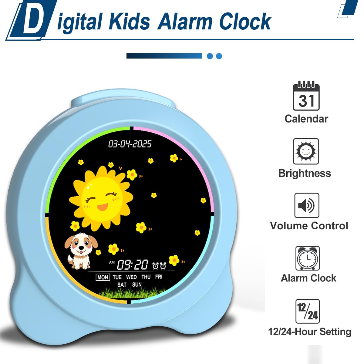 Sveglia per bambini, display a LED con sole e luna, con giorno e data, OK to Wake Clock con luce notturna, per bambini e bambini, regalo per ragazzi e ragazze (blu)