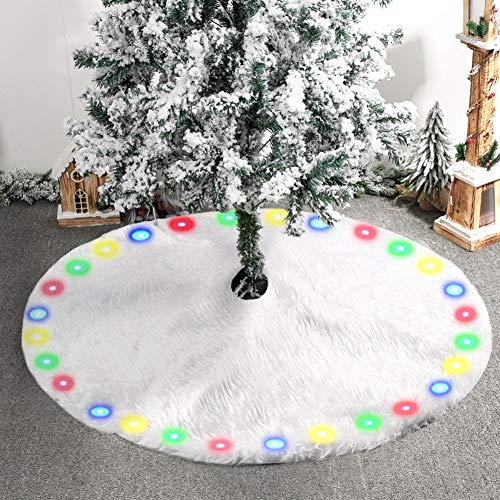 FREESOO Falda de Árbol de Navidad Adornos 90CM Felpa Blanca con LED 2 Modos Base Alfombra de Árbol de Navidad Decoración para Fiesta de Año Nuevo Fiesta Vacaciones Casa