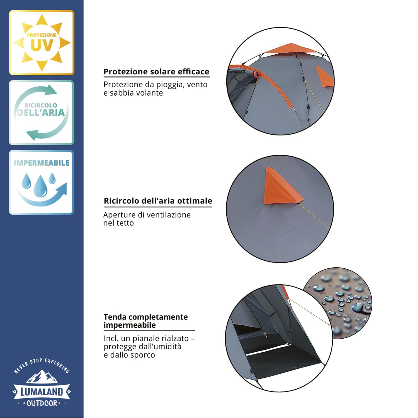 Lumaland Tenda Da Campeggio | 3-4 Person Family Tenda | Interne 210x210x120 cm | Impermeabile & antivento | Ideale come campeggio, festival e tenda da viaggio | Ultraleggero & robusto [Grigio]