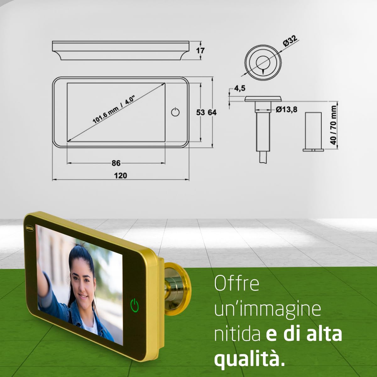 Amig - Digital door viewer - 4 TFT LCD screen DWR 4.0 HD - Viewing angle: 160° - Sharp images - Easy installation and use - Colour: Silver