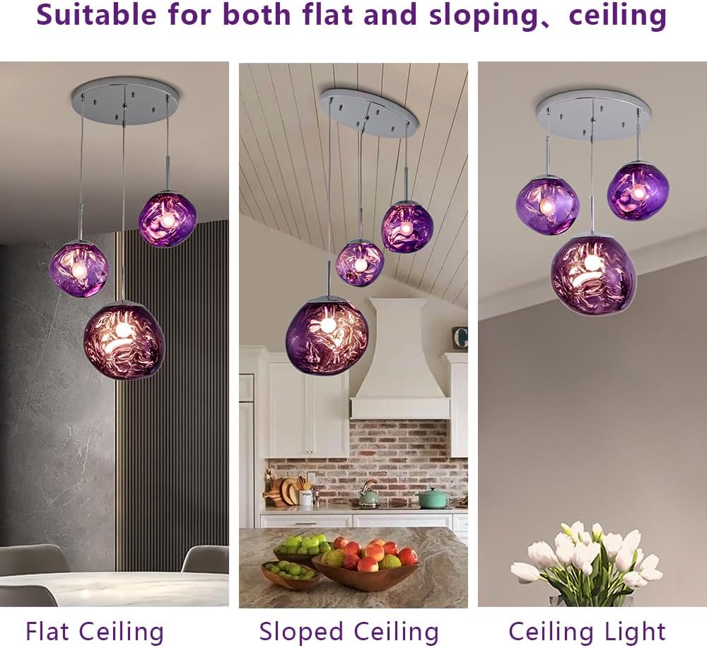 Sedelan 3-Light Purple Modern Pendant Light Fixture - Handmade PE Lava Texture Hanging Light with Adjustable Cord & Mirror Reflective Design for Kitchen Island, Dining Room, Bedroom