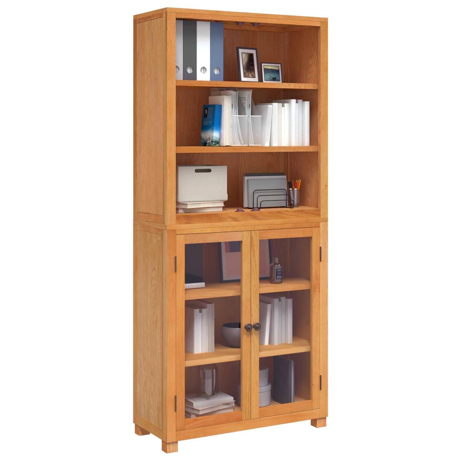 Set di mobili portaoggetti in rovere massello con 2 ripiani, 80 x 35 x 185 cm, 4 ripiani, 2 ante in vetro, per soggiorno, camera da letto, ufficio