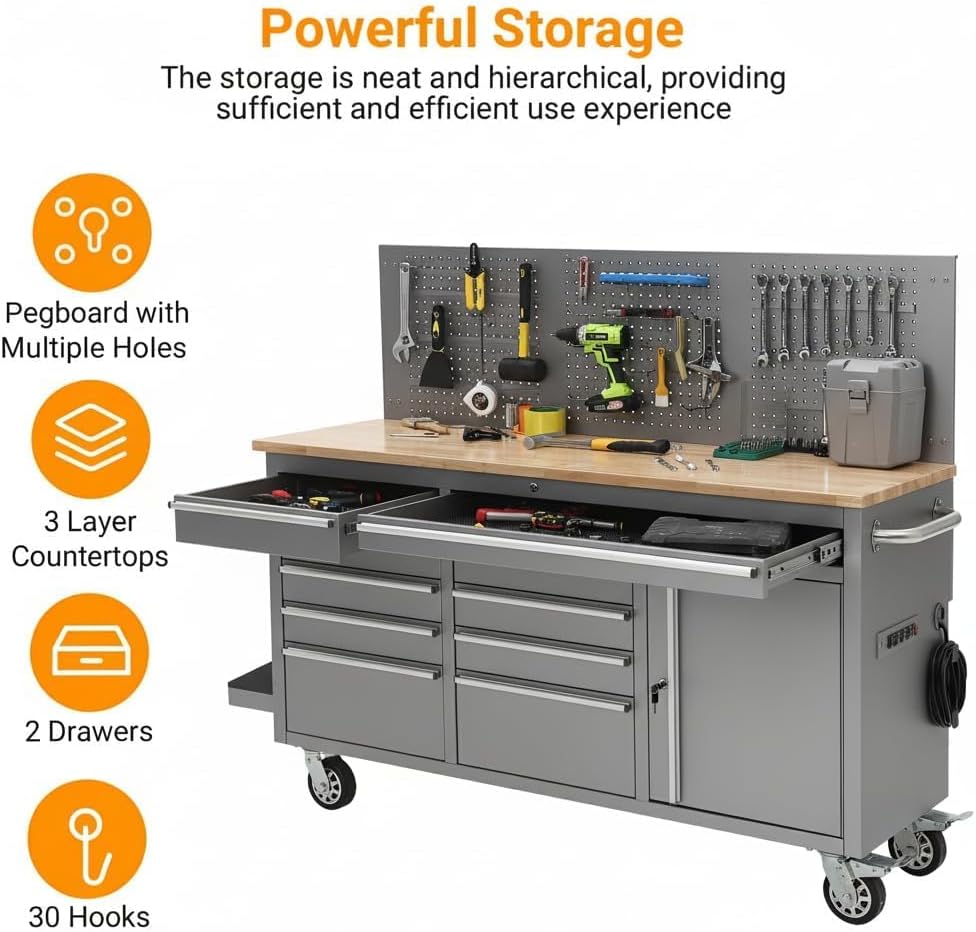 PeakPursuit 61" Rolling Tool Chest with 10 Drawers, Workbench Cabinet with Power Strip, Solid Rubber Wood Top, Pegboard, 1675 LBS Load, Mobile Heavy Duty Garage Storage, Locking Wheels, Silver
